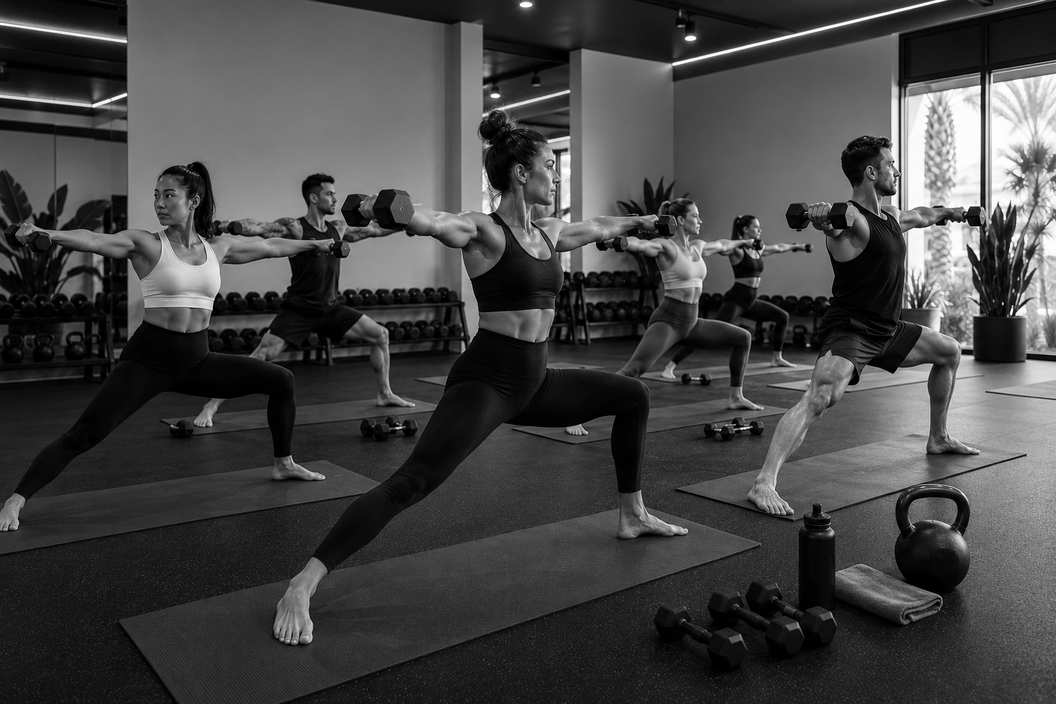 A group of five people doing yoga with dumbbells in a gym.