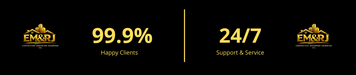 Logo for EM&RJ Construction, Renovation, Excavation, Inc. on the left and right sides, with large yellow text in the center stating '99.9%' with 'Happy Clients' underneath on the left side, and '24/7 Support & Service' underneath on the right side, all on a black background.