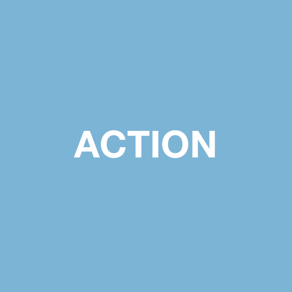 Blue background with the word 'ACTION' written in white, bold letters in the center.