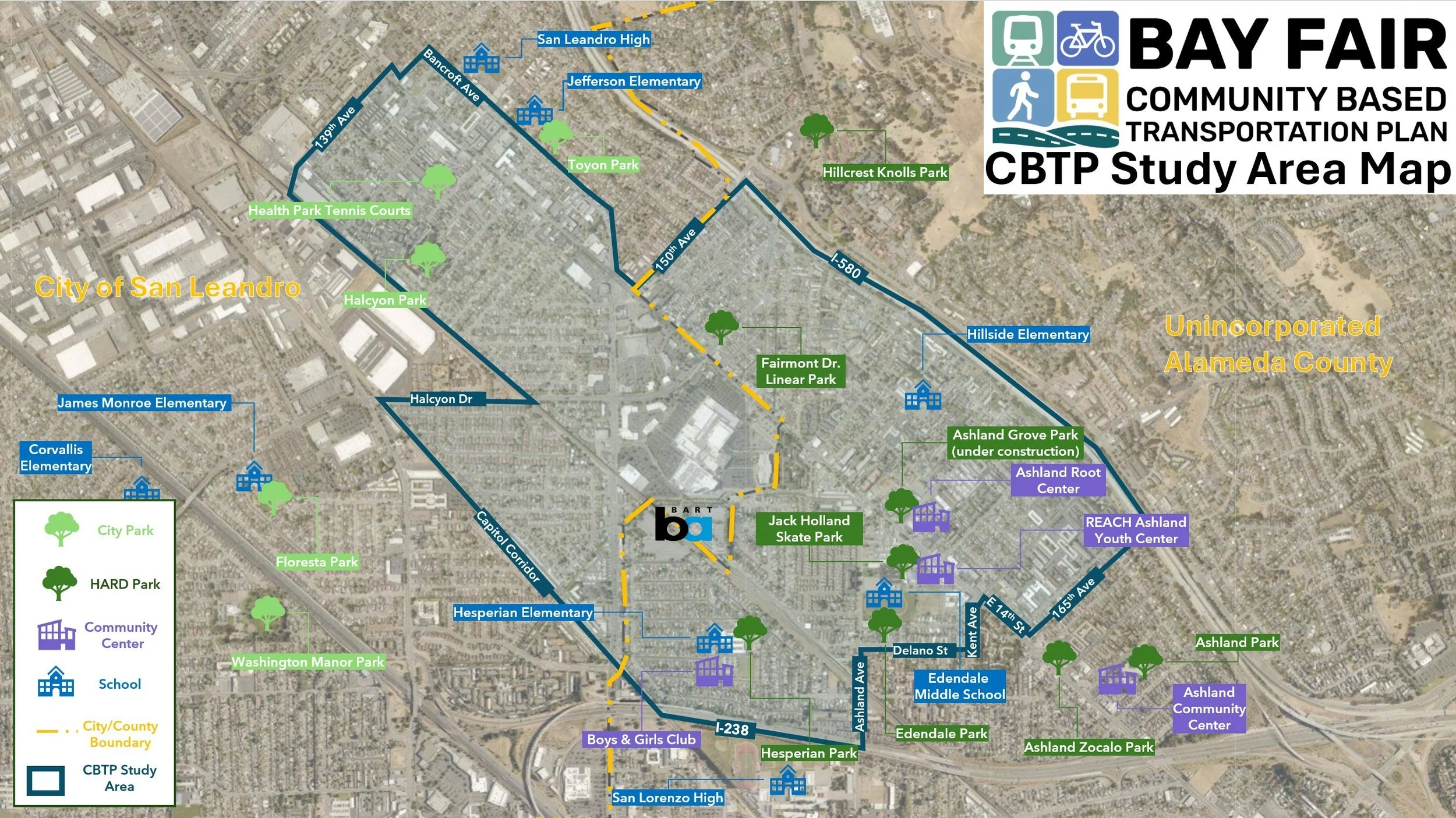 Map of the Bay Fair community-based transportation plan study area in San Leandro. Features color-coded icons for schools, parks, community centers, and transportation routes, with boundaries marked by dashed lines. Notable locations include San Lorenzo High, James Monroe Elementary, and REACH Ashland Youth Center.
