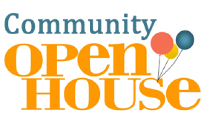 Community Open House logo with balloons, featuring teal, red, yellow, and blue colors.