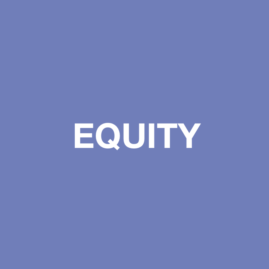 The image features the word 'EQUITY' in large white letters centered on a blue background.