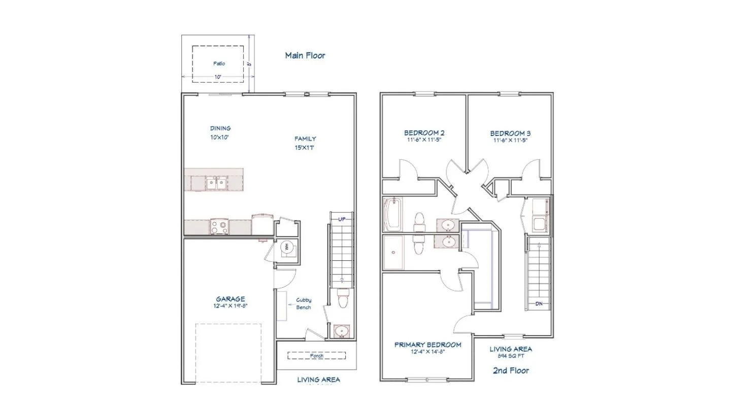 Floor plan of a two-story house showing the main floor with a garage, kitchen, dining area, family room, and porch, and the second floor with a primary bedroom, two additional bedrooms, and a bathroom.