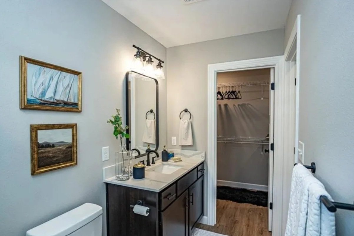 Bathroom with a vanity, mirror, two framed paintings, a towel on a rack, and an open closet with hanging clothes