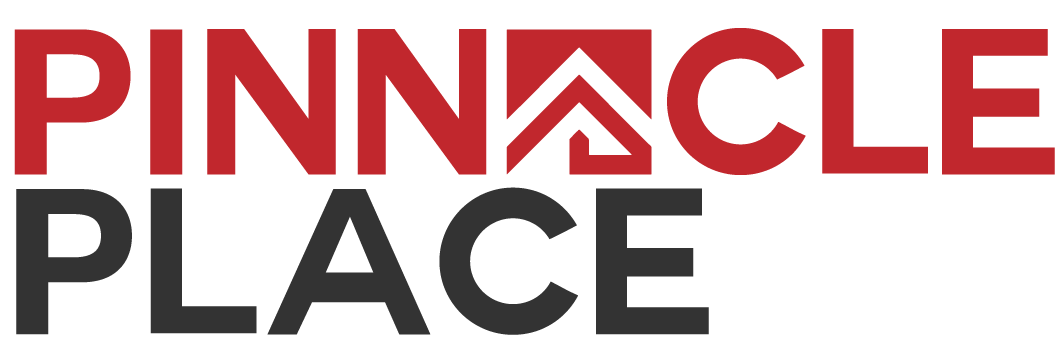Logo for Pinnacle Place with the words 'PINNACLE' in red and 'PLACE' in gray, featuring a stylized arrow pointing upward within the letter 'N'.