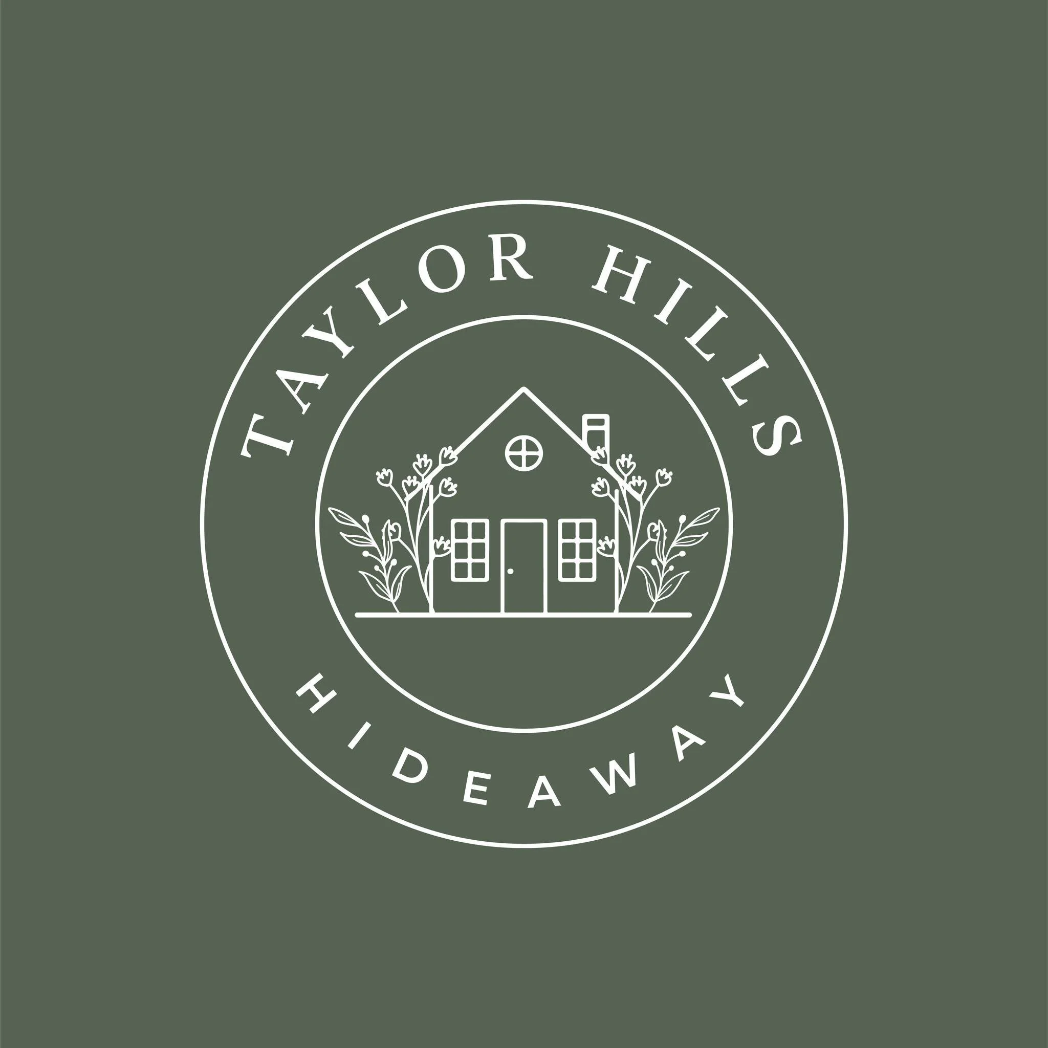 A logo with a circular design featuring a simple line drawing of a house surrounded by plants. The text within the circle reads 'Taylors Hillideaway'.