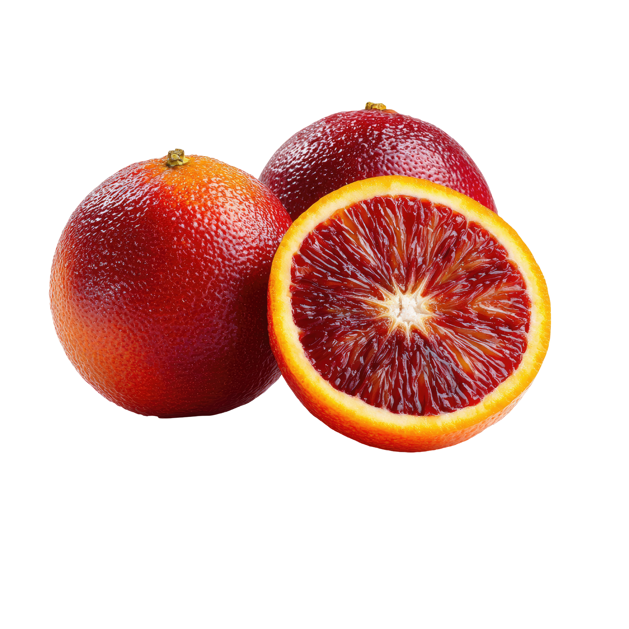 Two whole blood oranges and one orange half showing the juicy interior.