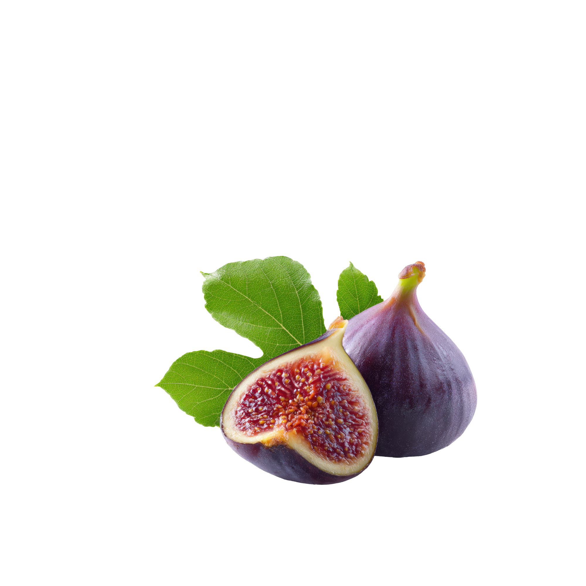 Whole and sliced fresh fig fruit with leaves on a black background.