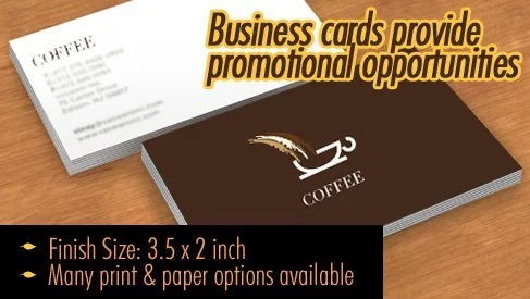 Sample business card with coffee logo, alongside a promotional card with text about business card features.