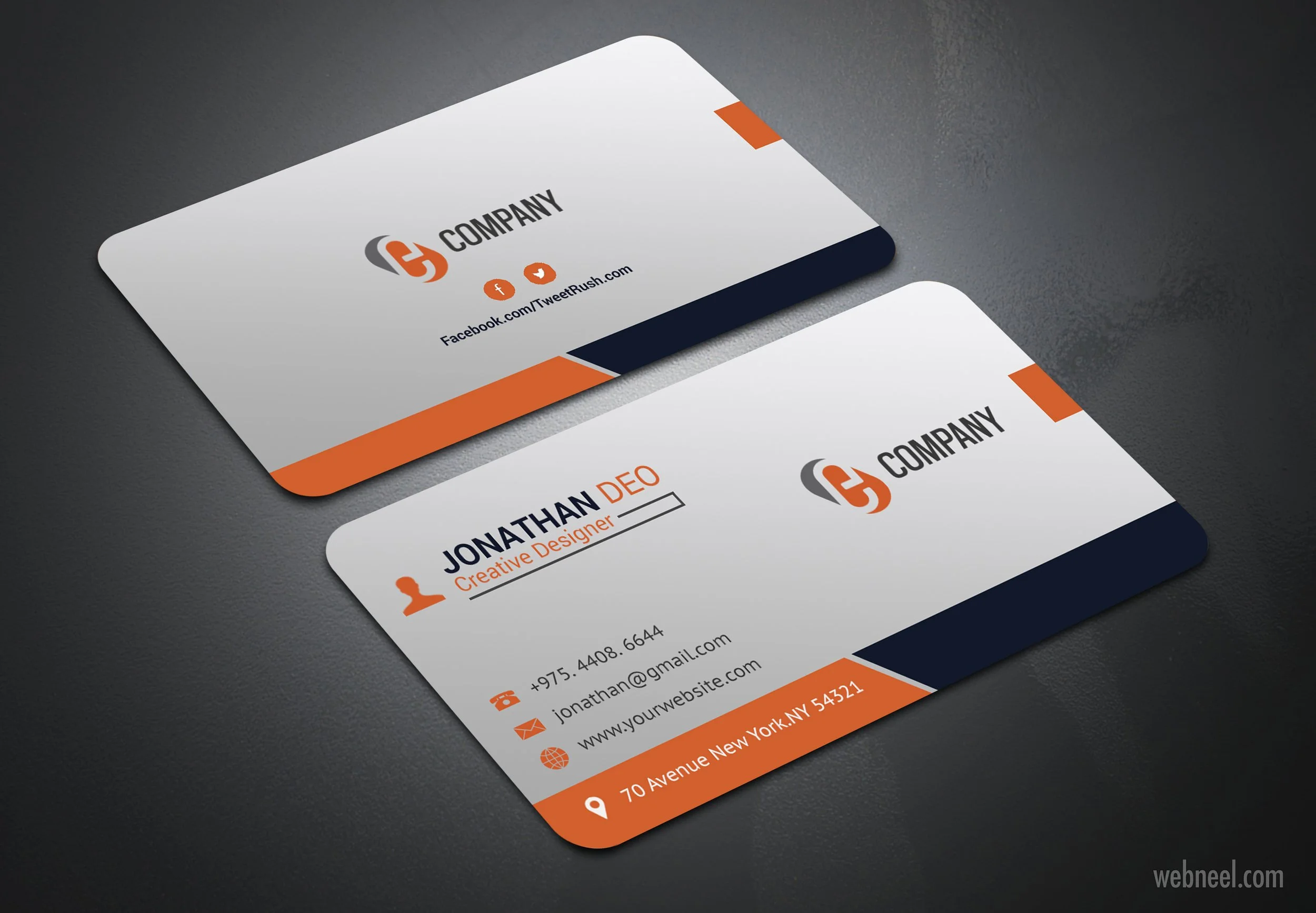 Business card with a modern design featuring a logo, name 'Jonathan Deo' as creative designer, contact information including phone, email, website, and physical address.