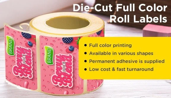 Spools of pink full-color roll labels with berries, showing product features like full color printing, various shapes, permanent adhesive, and fast turnaround.