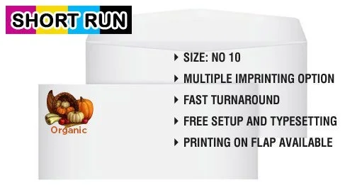 A promotional flyer for Short Run printing services, listing options like size No. 10, multiple imprinting, fast turnaround, free setup and typesetting, and printing on flap, featuring an organic produce image.