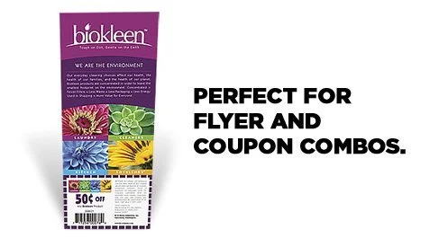 A flyer with multiple sections, including a purple header with the text 'biokleen'. The flyer promotes products but is not fully visible. To the right, bold text reads 'PERFECT FOR FLYER AND COUPON COMBOS'.
