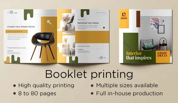 Open booklets showing interior design and home decor ideas, with text promoting booklet printing services, including high quality printing, multiple sizes, and full in-house production.