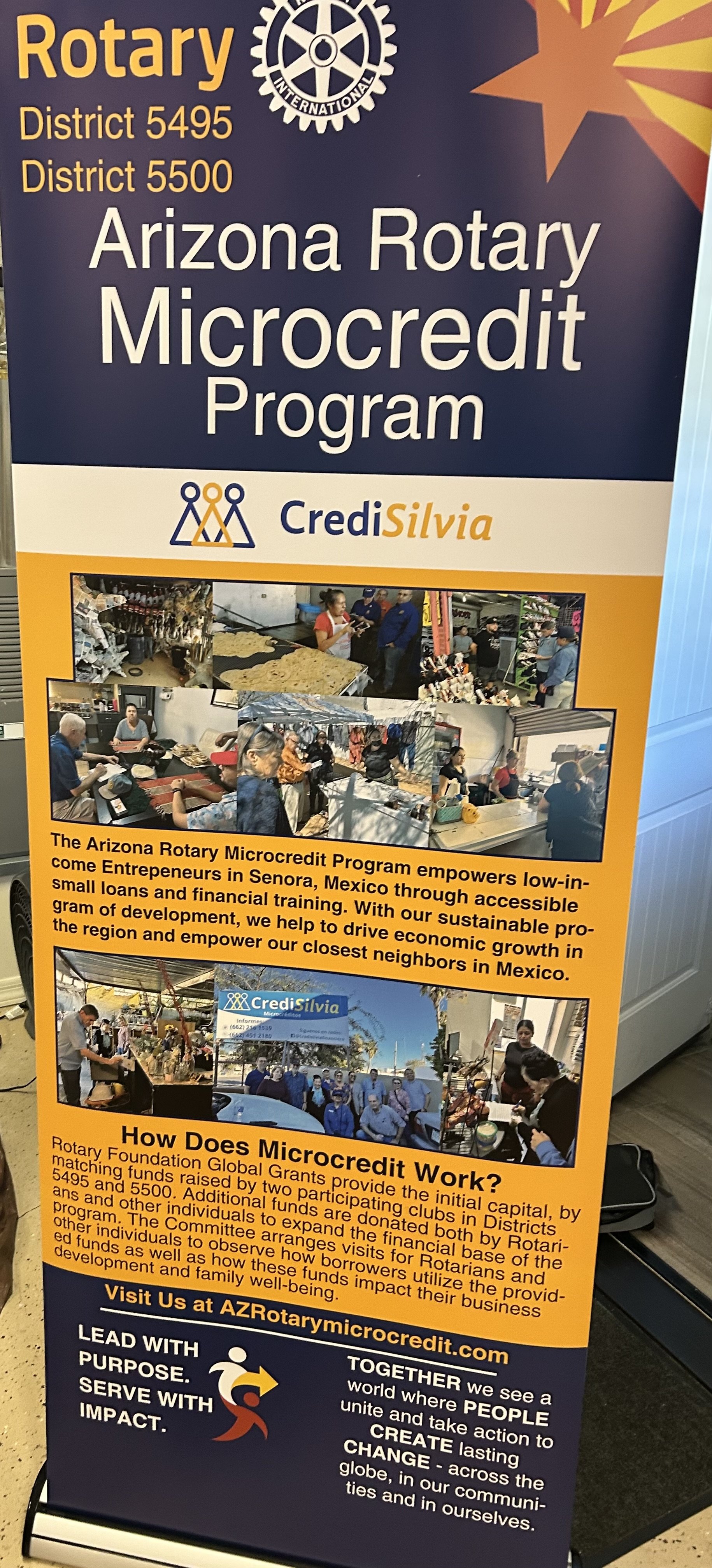 Banner for Arizona Rotary Microcredit Program, Districts 5495 and 5500, featuring Rotary International emblem, photos of local community activities, and information about microcredit initiatives and impact in Mexico.