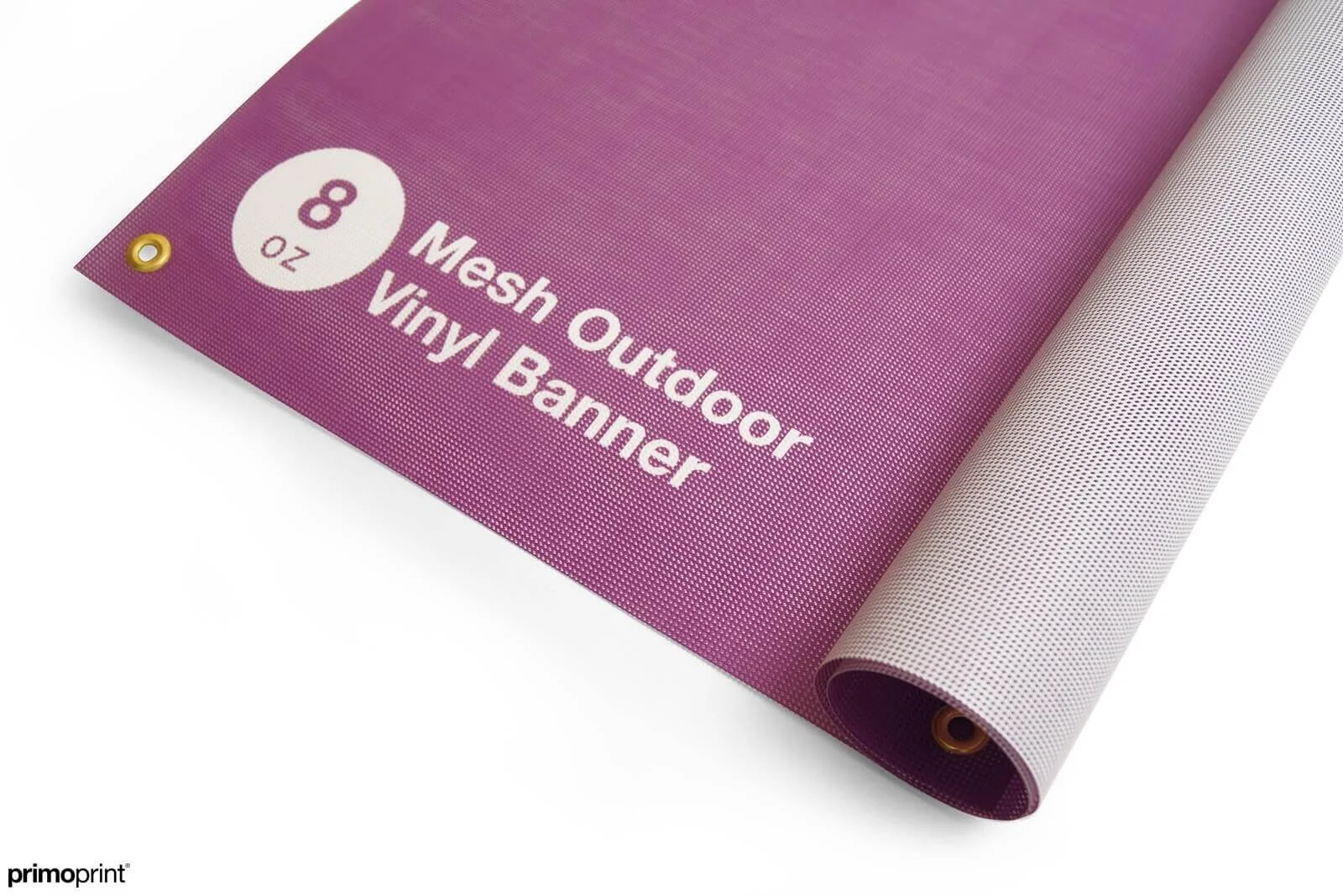 Purple mesh outdoor vinyl banner partially rolled up on a white surface.