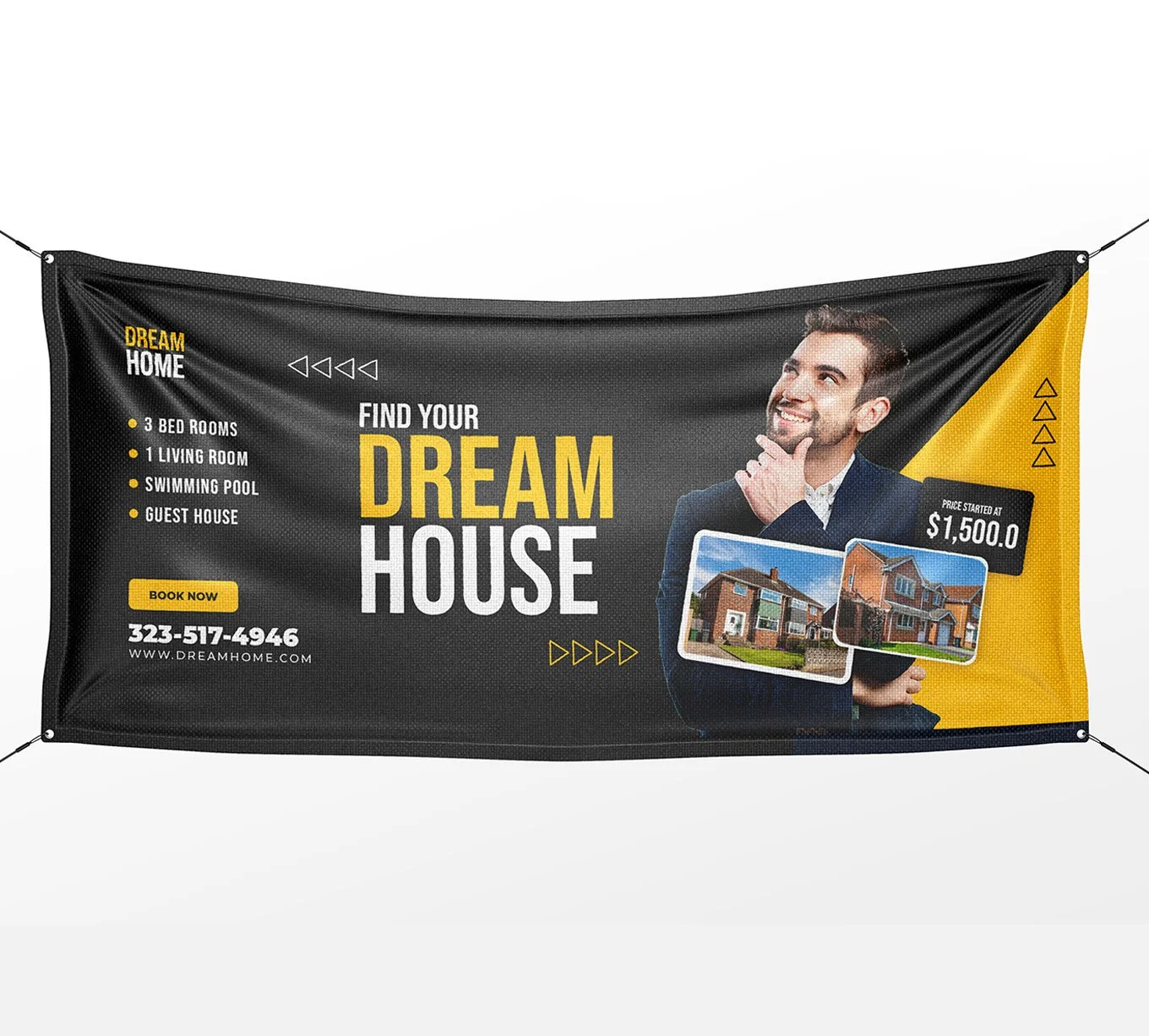 Advertising banner for Dream Home real estate with a smiling man in a suit, images of houses, and text promoting finding a dream house starting at $1,500, including contact info and website.