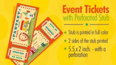 Three colorful event tickets with perforated stubs, featuring a whimsical animal character and festive graphics, advertising event tickets with perforated stubs printed in full color, 2 sides of the stub, each 5.5 by 2 inches, with a perforation.
