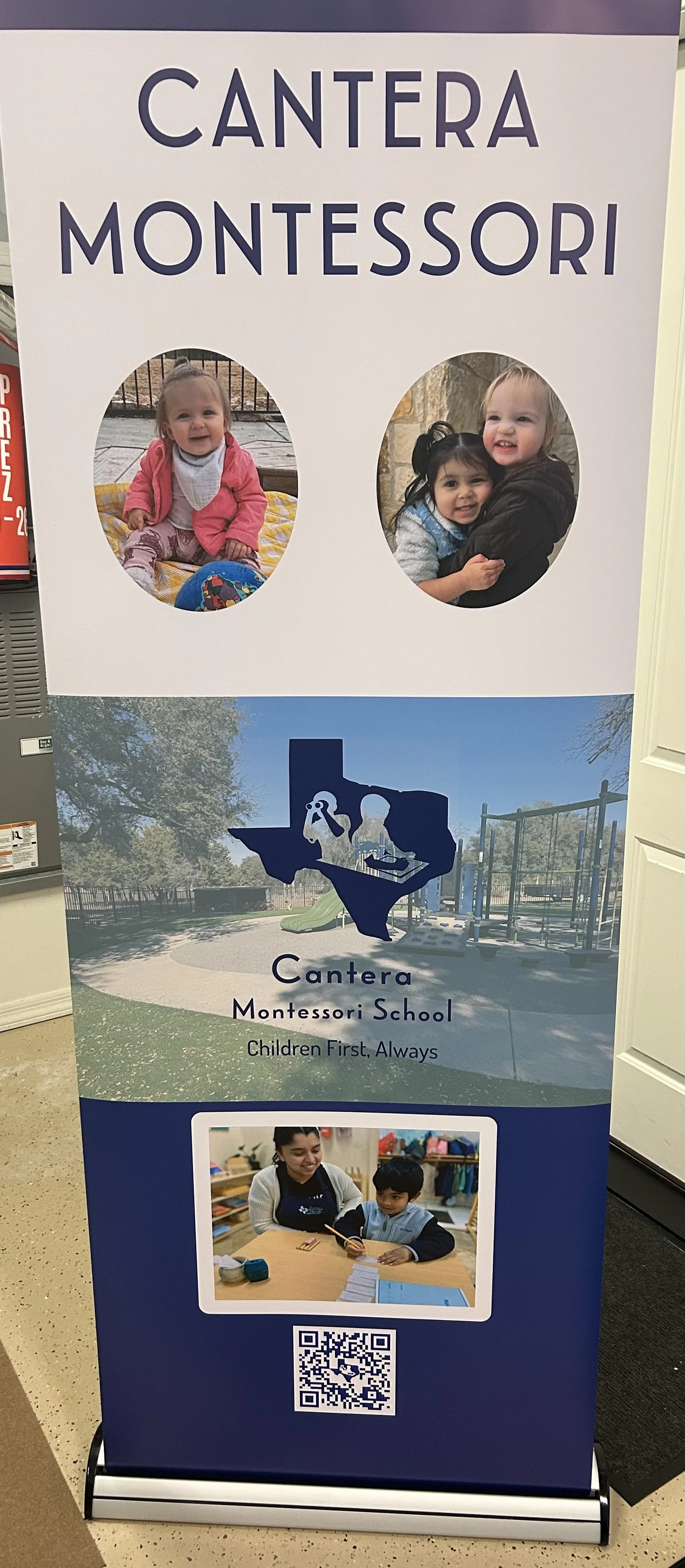 A vertical banner for Cantera Montessori School featuring the school's logo, photographs of happy children, and a QR code at the bottom.