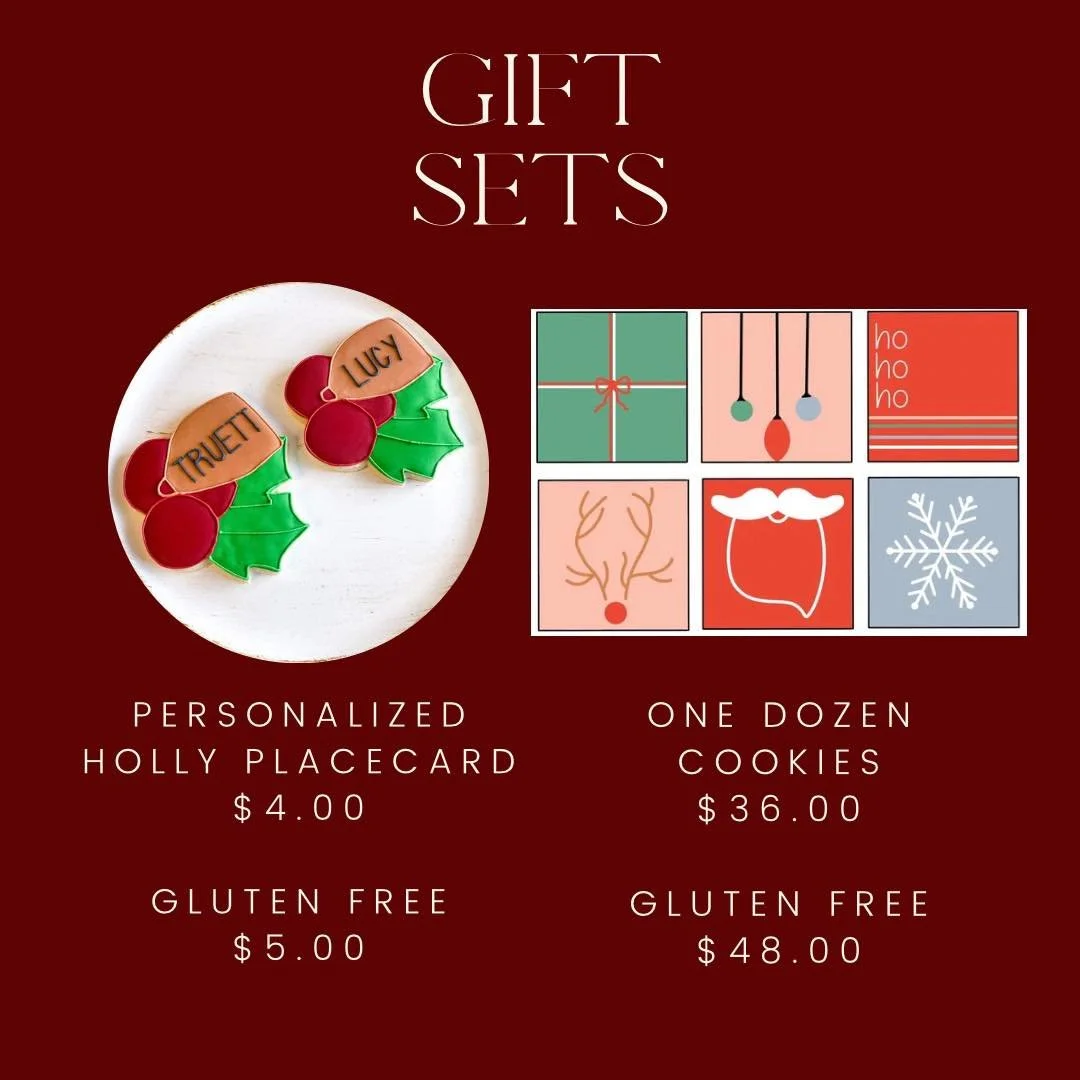 Personalized holly and berry cookie place cards make a great addition to your Christmas table! You can also punch a hole in the bag and tie with ribbon to a package as a gift tag! I also have a set of one dozen Christmas cookies available. Great to t