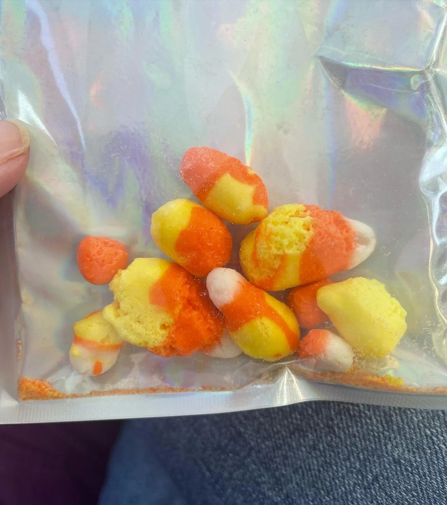 It may be a controversial fall snack, but freeze dried candy corn is definitely better than regular candy corn!!! Obviously, this is all left in bag from snacking through the day! @sugar.island.candies #muletownflea