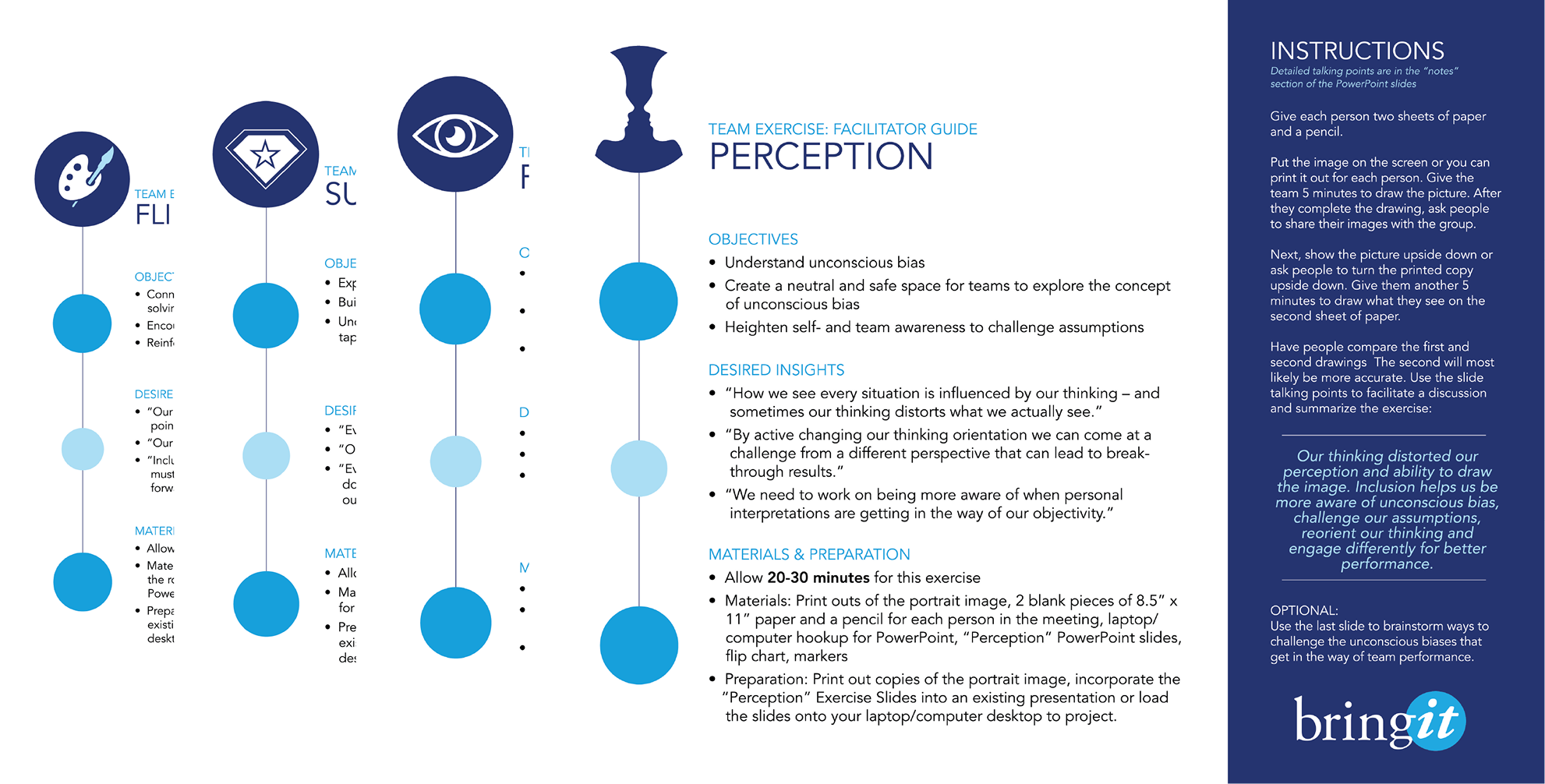 Diagrams and instructions for team exercises on understanding unconscious bias. The layout is clean, with blue and white tones, and uses icons such as a chess piece and eye