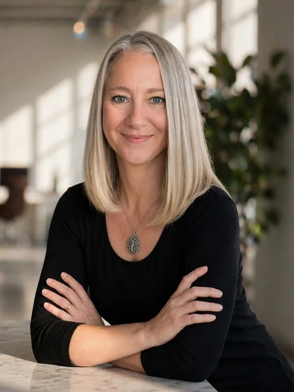 A woman with shoulder-length blonde hair smiles confidently, arms crossed, wearing a black top and pendant. Bright, modern room in the background.