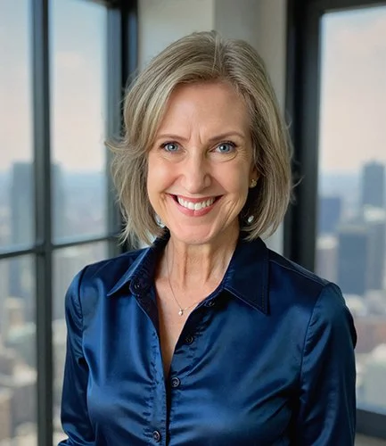 Smiling woman with short blonde hair in a dark blue blouse stands in a bright room with large windows showing a cityscape in the background.