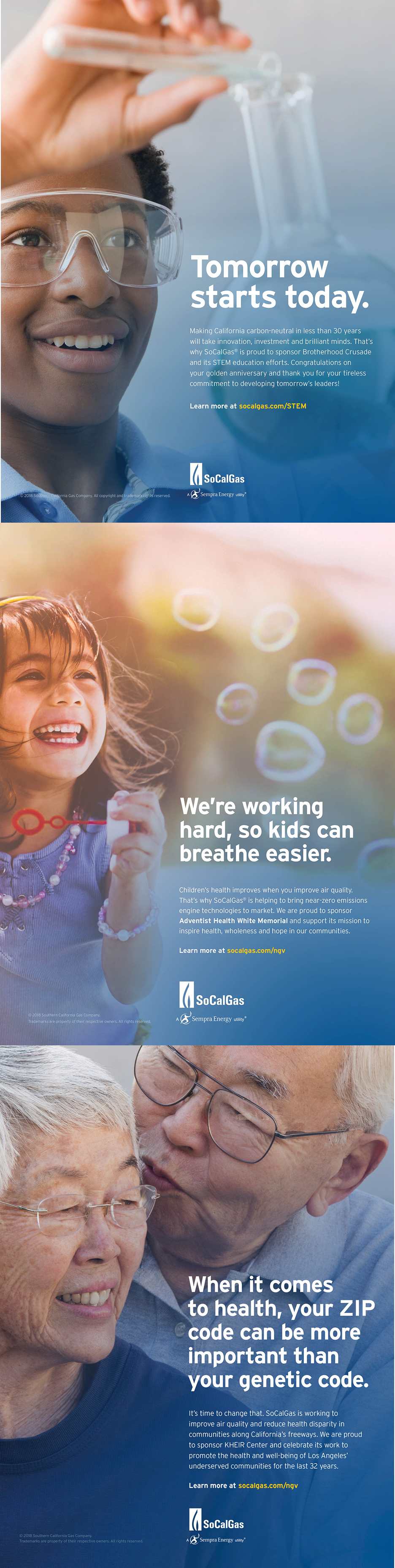 Three separate panels showing children and seniors with messages promoting California's clean energy initiatives, with children blowing bubbles, an older man kissing a woman, and a young boy using a pipette in a science experiment.