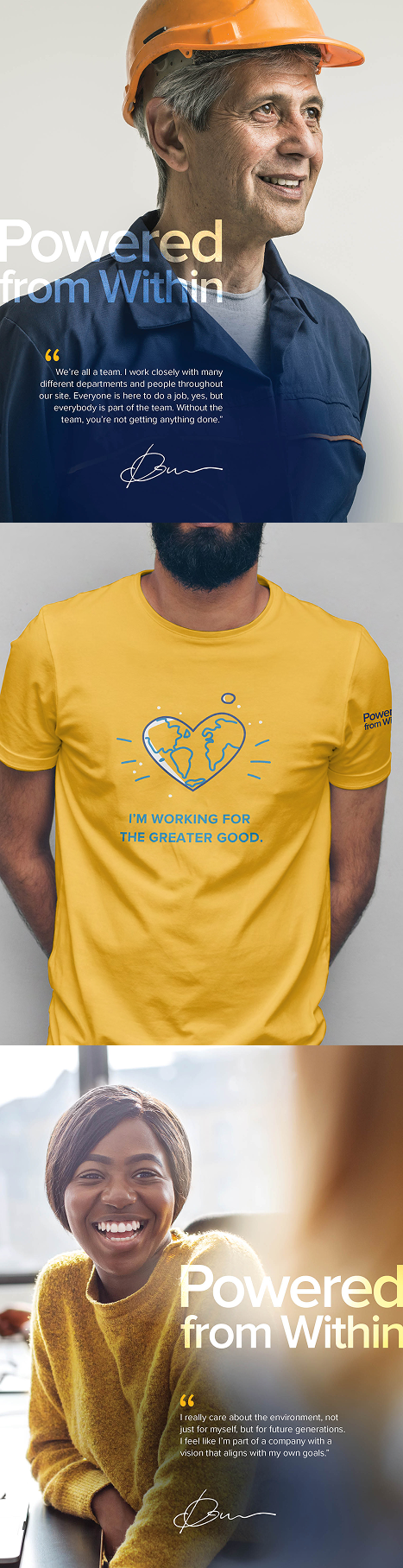 Three individuals each with a quote and a slogan: an older man wearing a yellow hard hat and blue work clothes, a young woman in a yellow T-shirt with a blue earth graphic, and a smiling young woman in a yellow sweater, representing a diverse group promoting environmental responsibility and teamwork.