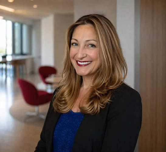 A woman with long brown hair and red lipstick smiles warmly, wearing a blue top and black blazer. The background is a softly-lit, modern office space.