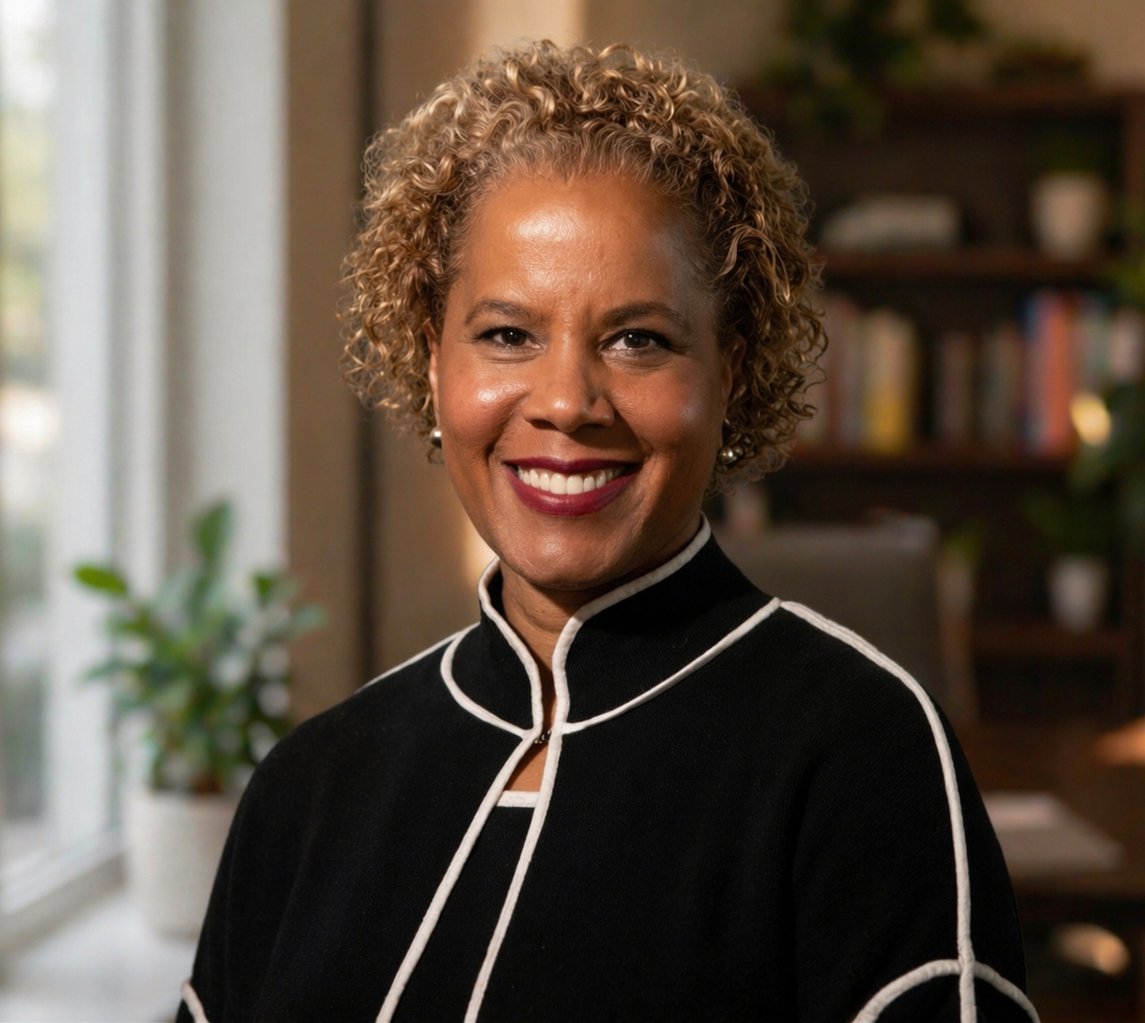 Smiling woman with short curly hair wearing a black top with white trim. Background includes bookshelves with blurred books, creating a professional, warm tone.