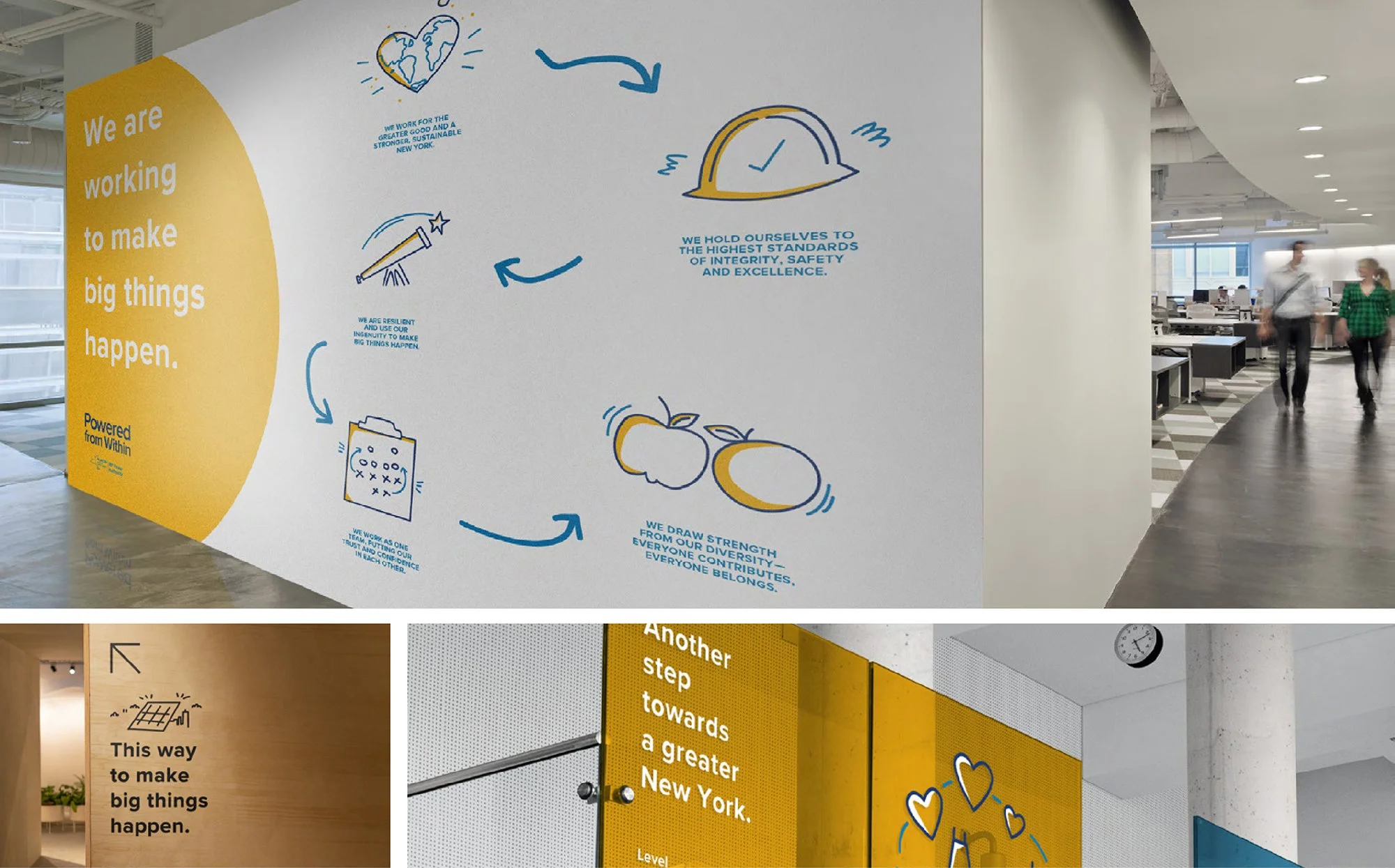 Hallway with colorful motivational graphics on walls. Text with phrases like "We are working to make big things happen," enhances an inspiring work environment.