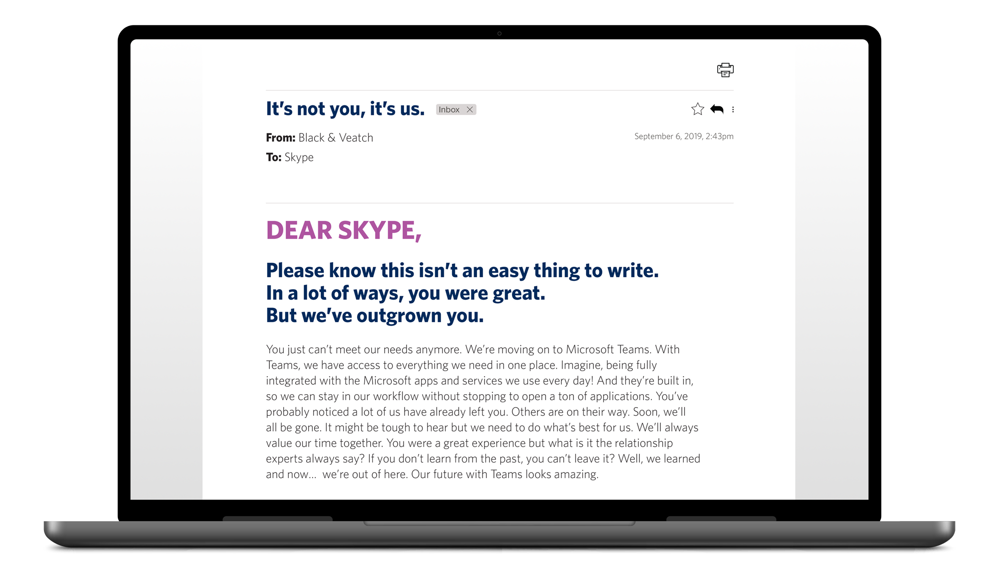 A laptop displaying a humorous breakup-style email from Black & Veatch to Skype, announcing their switch to Microsoft Teams