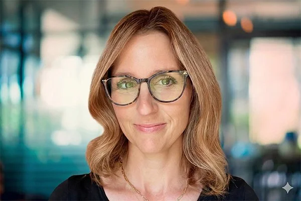 A woman with wavy brown hair and glasses smiles softly. She wears a black top and gold necklace. The background is softly blurred, creating a warm, inviting tone.