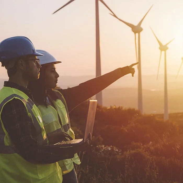 Two engineers wearing safety gear discuss wind turbine operation at sunset. The woman points ahead, while the man holds a laptop, conveying collaboration.