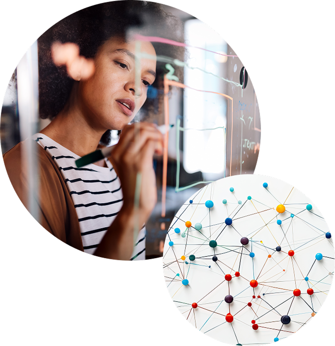 A woman writes equations on glass, looking focused. Overlaid is an image of a colorful network with interconnected nodes, conveying innovation and analysis.
