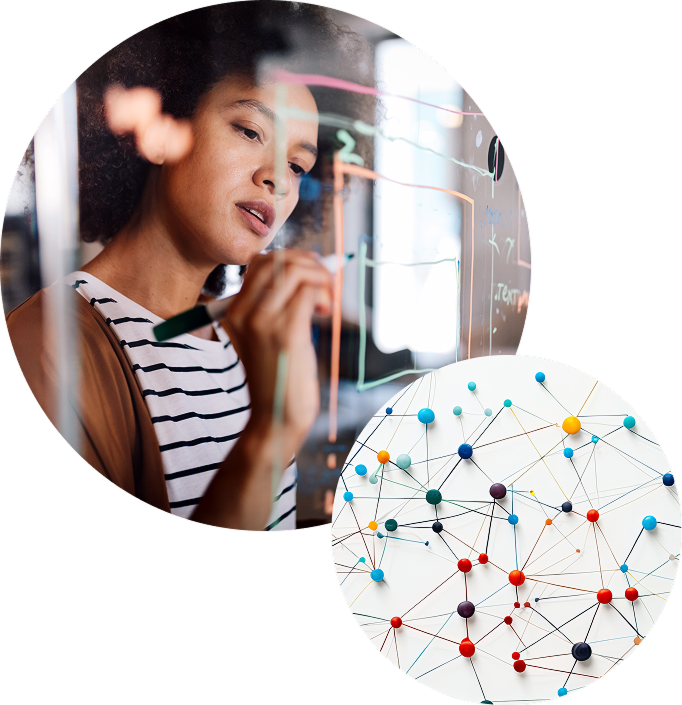 A woman writes equations on glass, looking focused. Overlaid is an image of a colorful network with interconnected nodes, conveying innovation and analysis.