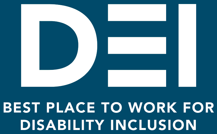 Bold white "DEI" letters on a dark blue background, with "Best Place to Work for Disability Inclusion" in white