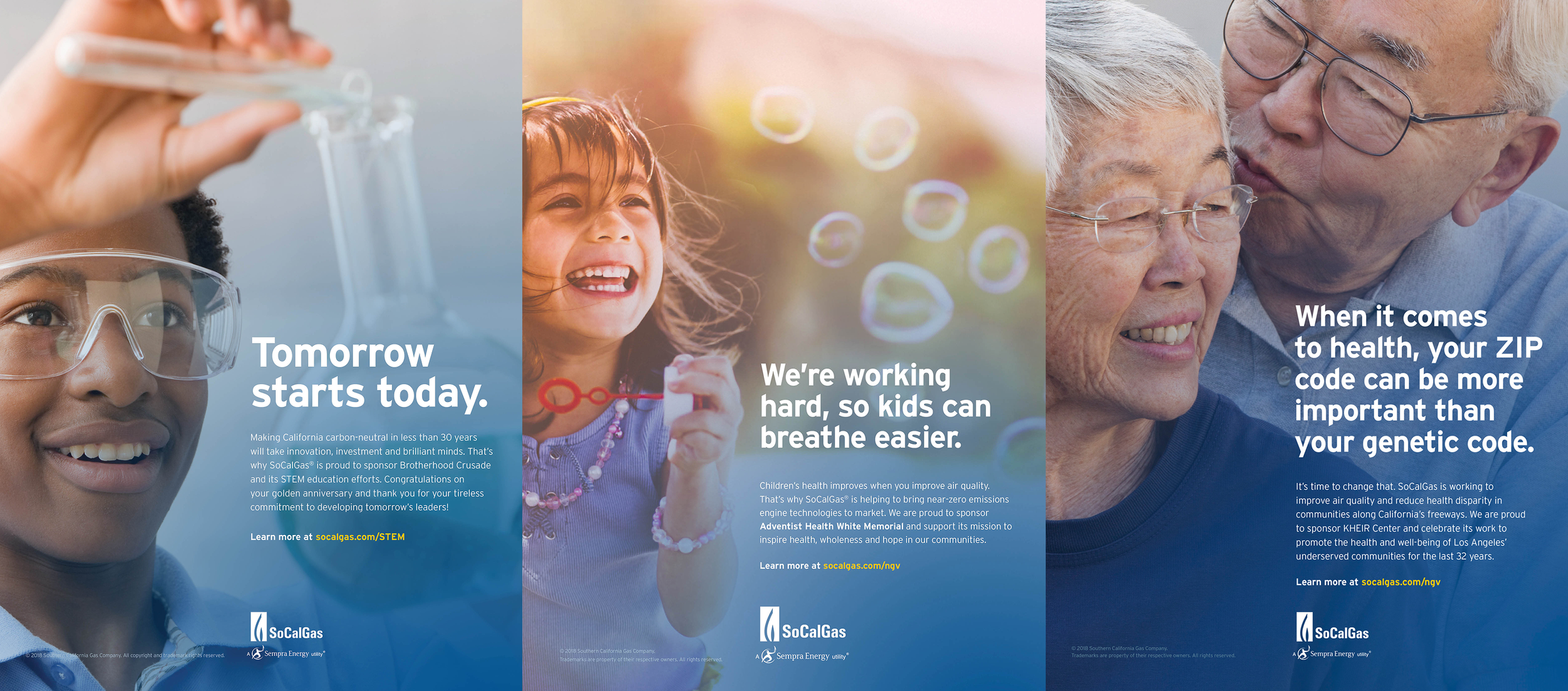 A horizontal collage featuring three images: a smiling boy with goggles holding a test tube, a joyful girl chasing bubbles, and a happy elderly couple. Text emphasizes health, future, and community well-being.