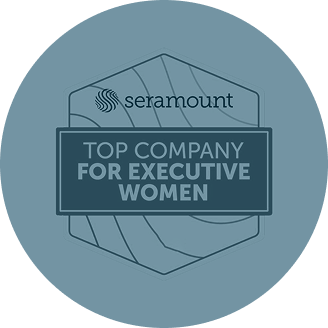 Seal with text "Seramount: Top Company for Executive Women" on a textured, hexagonal background in shades of blue, symbolizing achievement and recognition