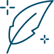 Blue outline icon of a feather with sparkles, set against a white background.