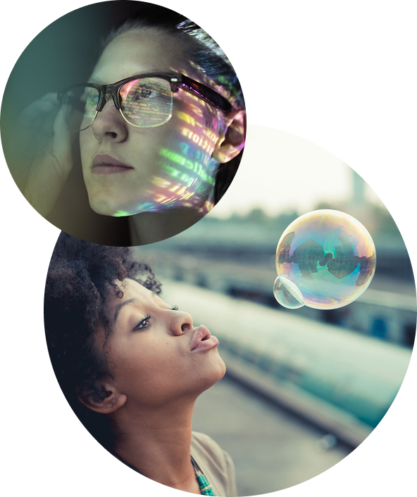 Two overlapping circular portraits: a person wearing glasses with colorful light reflections projected across their face, and a person blowing a soap bubble outdoors.
