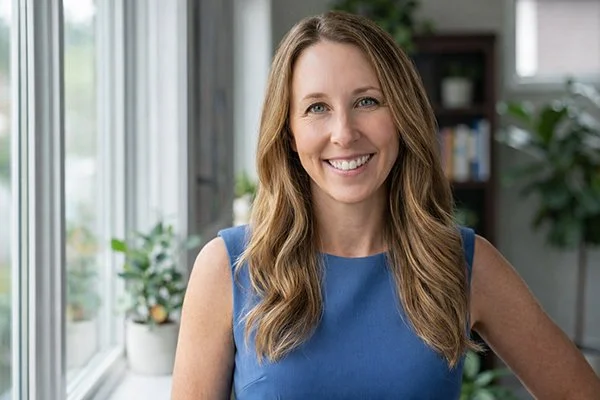 A woman with long, wavy blonde hair smiles warmly, wearing a blue sleeveless top. She stands indoors with bookshelves in the softly focused background.