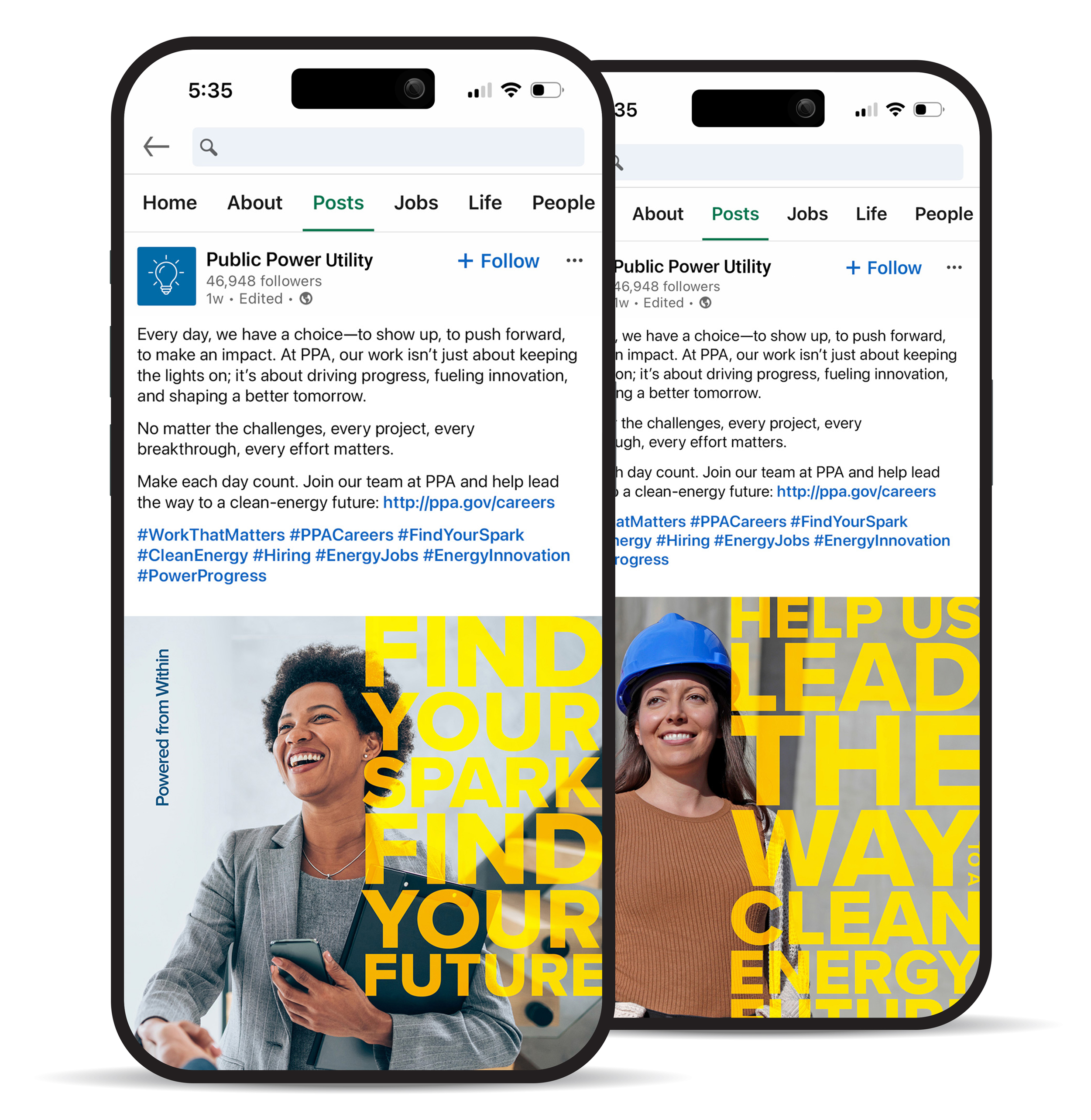 Two smartphones displaying Public Power Utility LinkedIn recruiting posts, featuring bold yellow text overlaid on photos of smiling professionals with the messages "Find Your Spark, Find Your Future" and "Help Us Lead the Way to Clean Energy