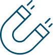 A blue outline icon of a horseshoe magnet with motion lines on a white background, suggesting attraction or movement.