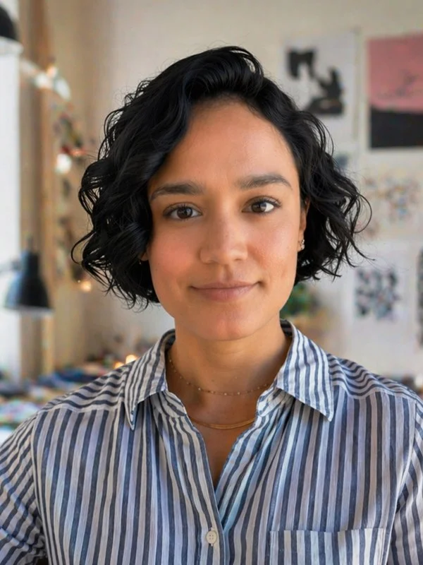 A woman with short, curly hair smiles softly in an art-filled room. Wearing a blue striped shirt, they convey warmth and creativity.