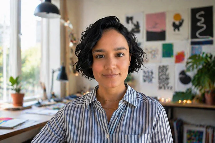 A woman with short, curly hair smiles softly in an art-filled room. Wearing a blue striped shirt, they convey warmth and creativity.