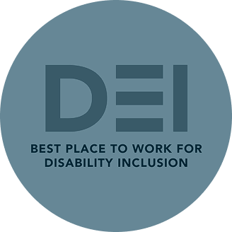 A circular badge with "DEI" in large font, followed by "Best Place to Work for Disability Inclusion" in smaller text, conveying recognition and inclusivity.