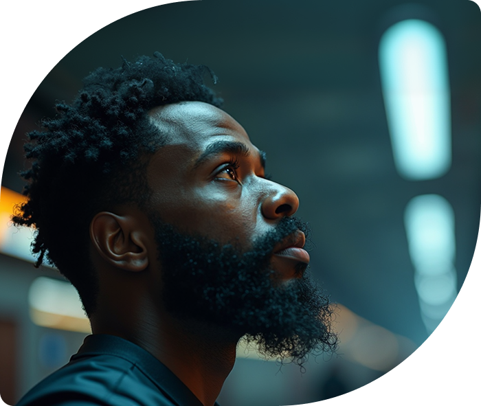 A man with a beard gazes upward thoughtfully in a dimly lit space, contrasting warm and cool tones. Soft, focused expression; modern, moody atmosphere.